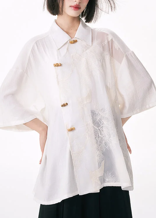 Original Design White Embroideried Tulle Patchwork Cotton Shirt Summer