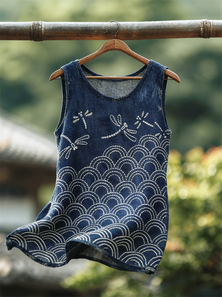 Dragonflies Sea Waves Japanese Sashiko Art Flowy Linen Tank Top wearshes