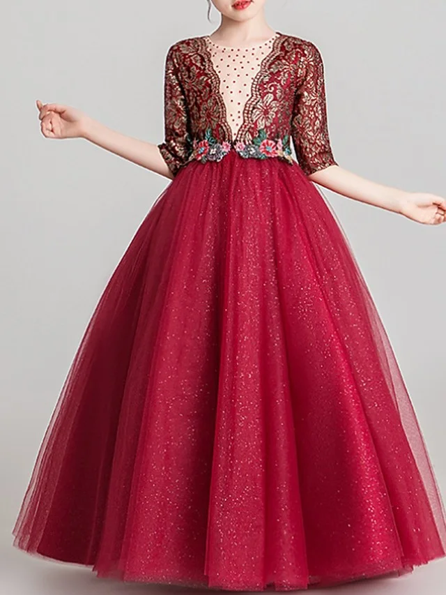  Daisda Half Sleeve Jewel Neck Ball Gown Flower Girl Dress Floor Length With Pattern Print