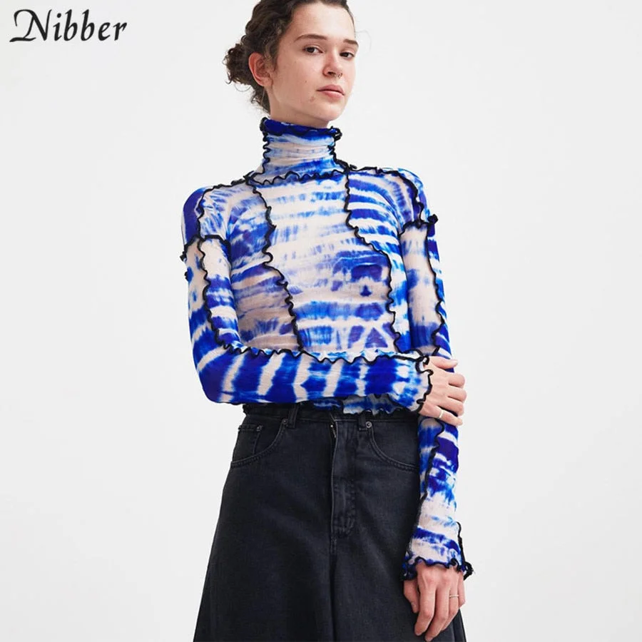 Nibber Fashionable Ruffle Striped Turtleneck T-Shirt Women Autumn See-Through Patchwork Skinny Club Streetwear Harajuku Clother