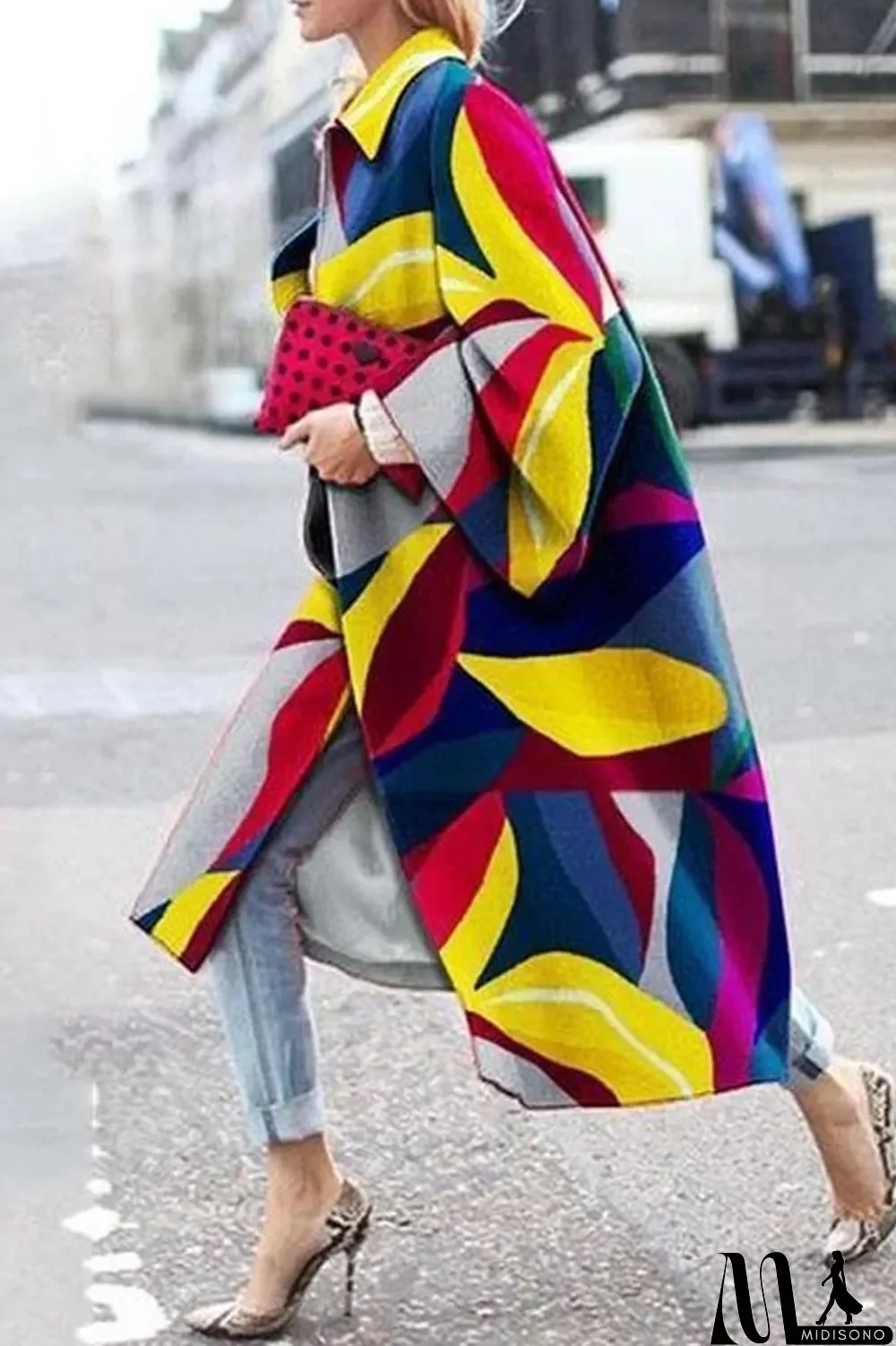 MidiSono - Yellow Blue Street Camouflage Print Patchwork Turndown Collar Outerwear