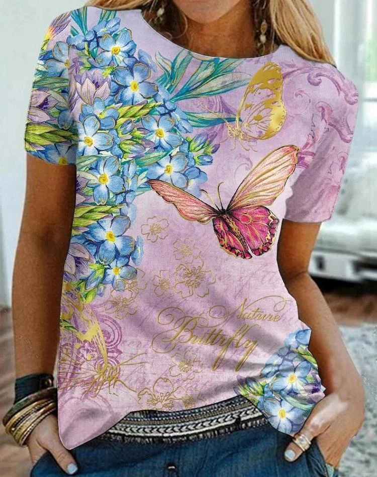 Pink Butterfly And Flower Printed Shirt