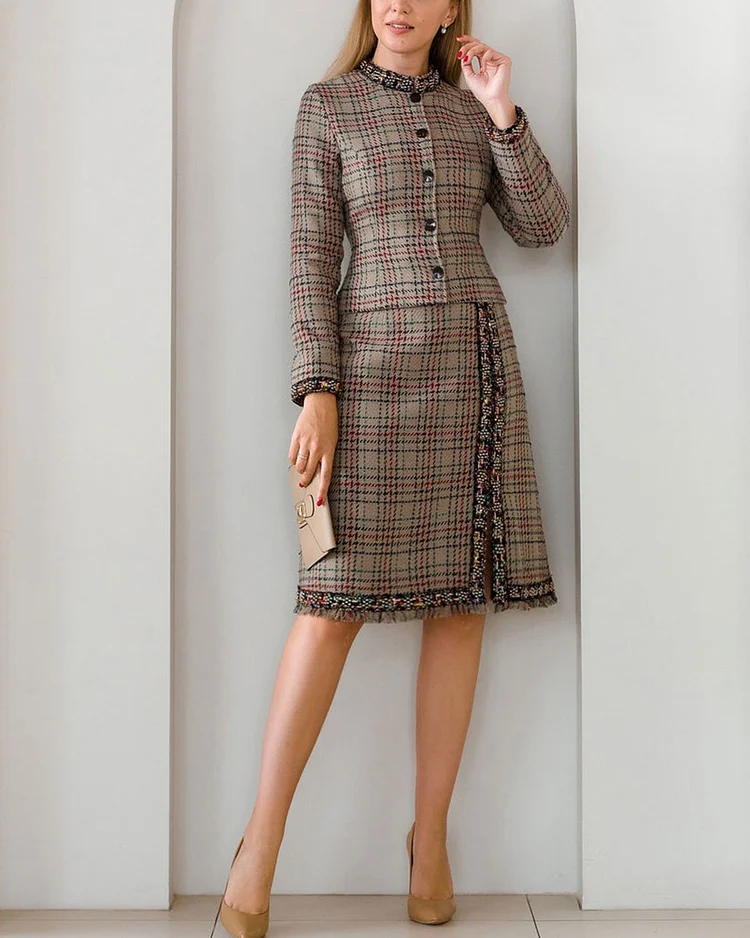 Elegant plaid jacket and skirt two-piece set