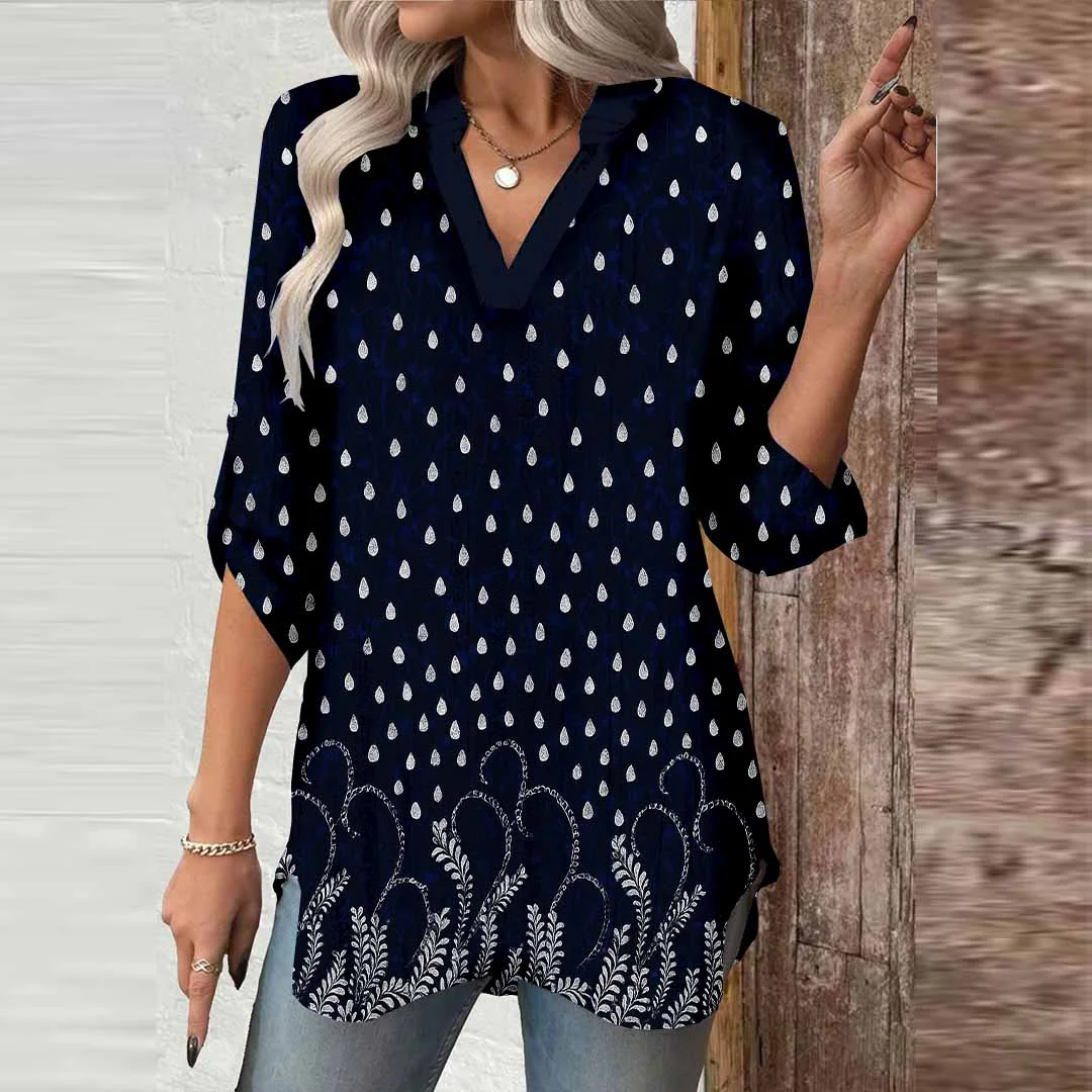 Women Floral, Polka Dots, Retro DZGA0754 3/4 Sleeve V-neck Printed Graphic Button Tops