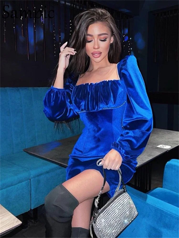 Sampic Square Collar Women Winter Long Puff Sleeve Party Mini Sexy Dress 2021 Autumn Blue Fashion Wrap Short Bodycon Dresses