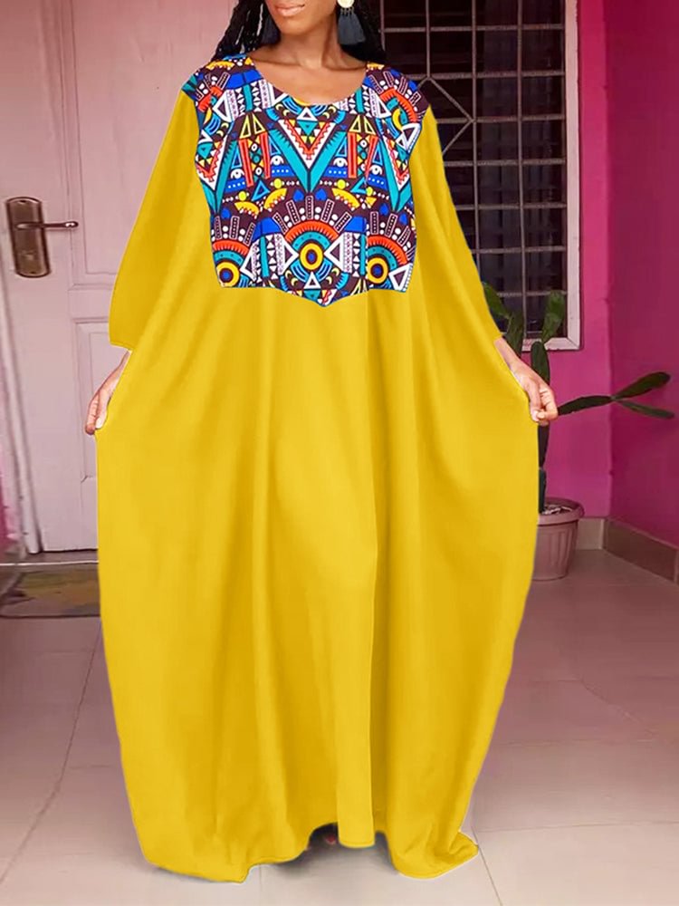Ethnic Pattern Patchwork Round Neck Loose Maxi Dress SKUJ17204 QueenFunky