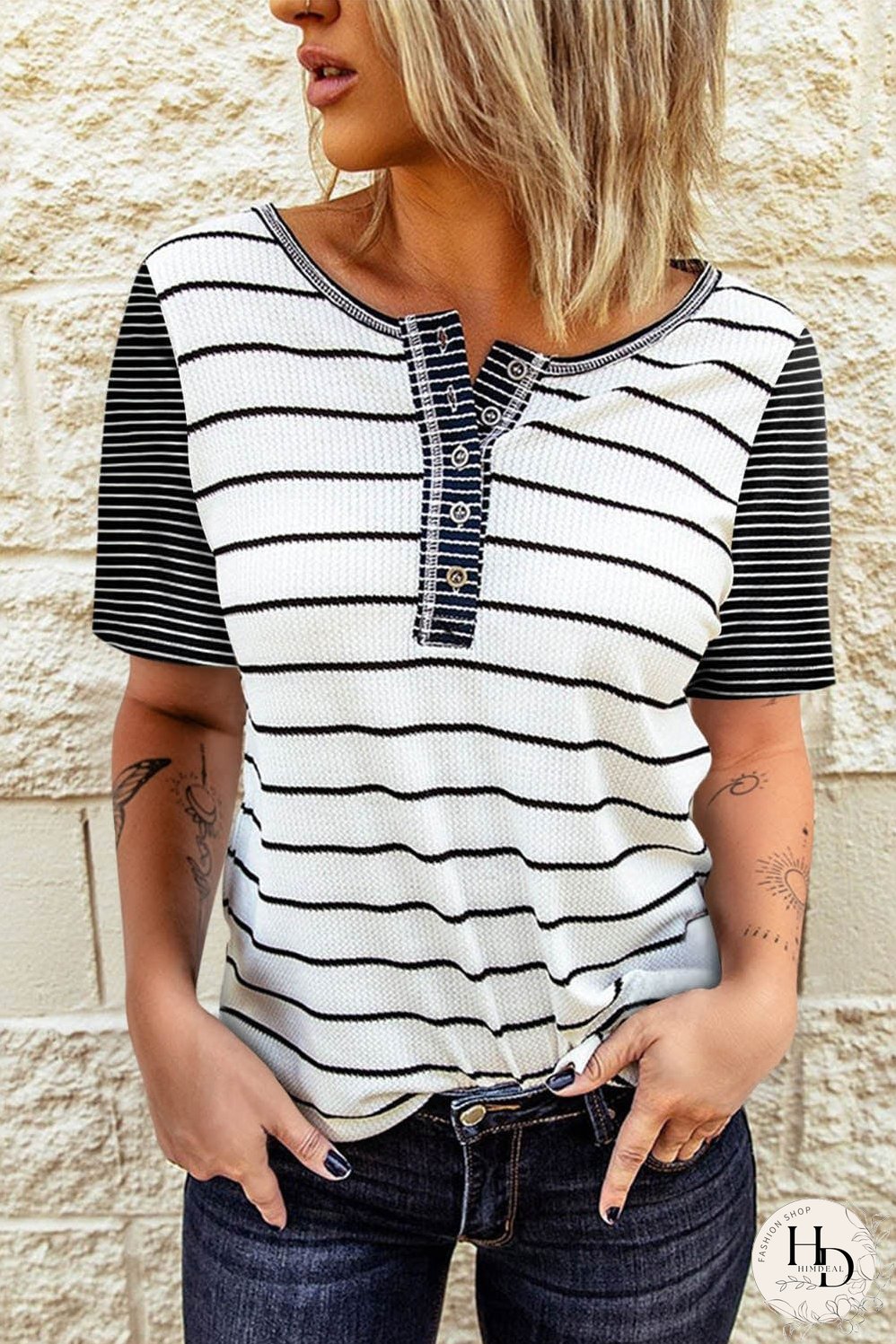 Striped White Button Front Colorblock Tee