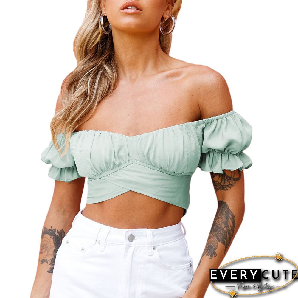 Light Green Off Shoulder Ruffled Crop Tops