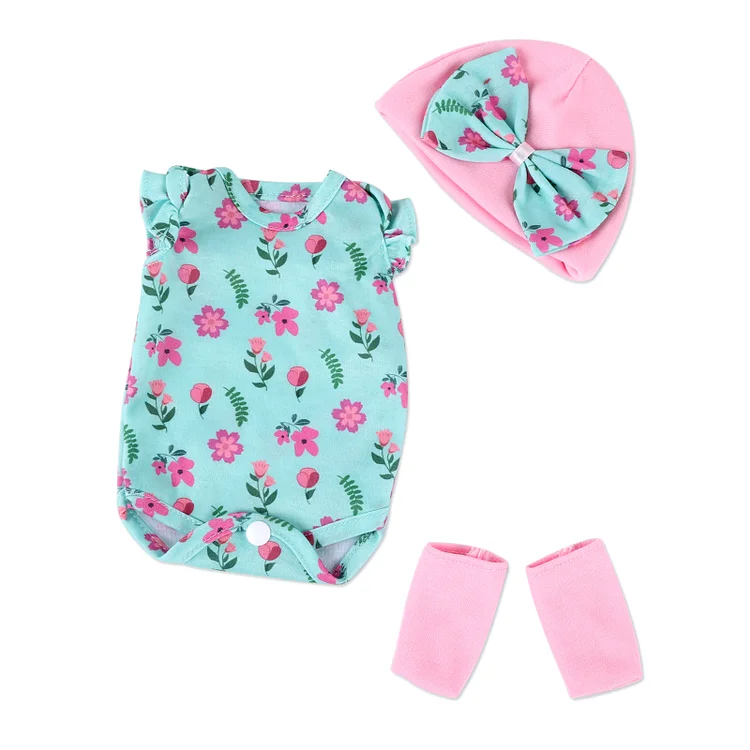 For 12" Full Body Silicone Baby Doll Floral Clothing 3-Pieces Set Accessories