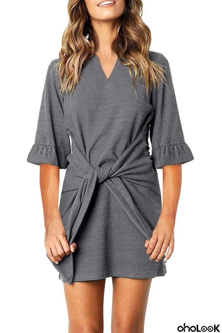 V Neck Ruffled Sleeves Waist Tie Mini Dress