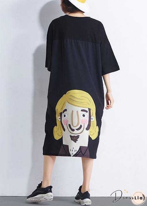 Women Black Patchwork Character Summer Maxi Dresses Half Sleeve