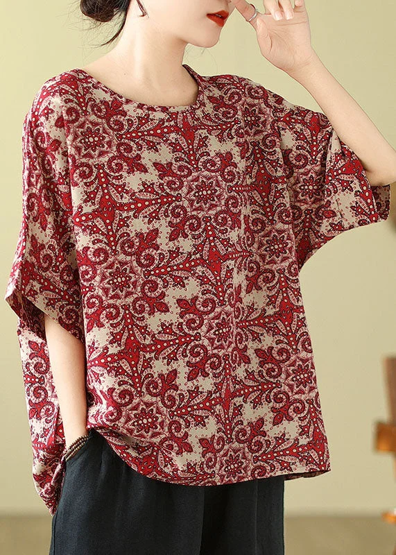 Plus Size Red O Neck Print Cotton Blouse Top Summer