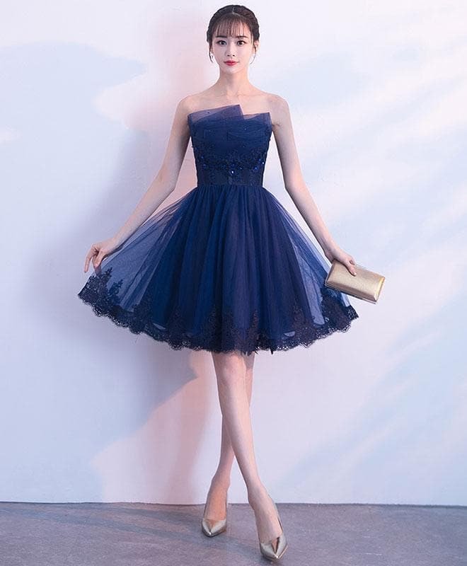Cute Dark Blue Tulle Lace Short Prom Dress