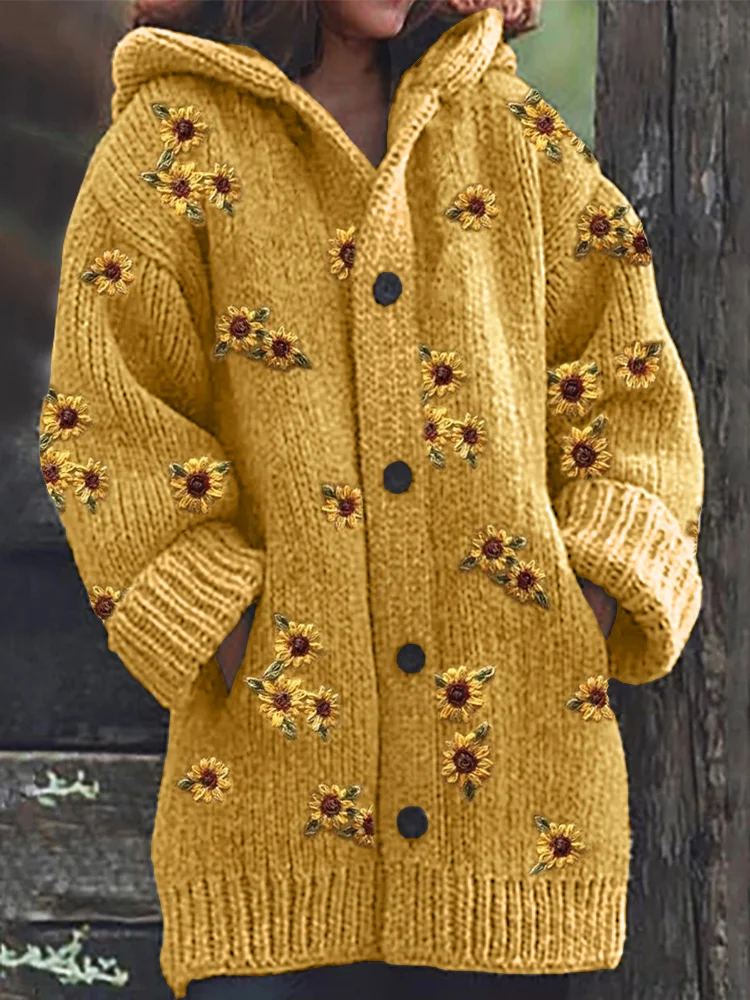 VChics Wild Daisy Embroidery Pattern Cozy Hooded Cardigan
