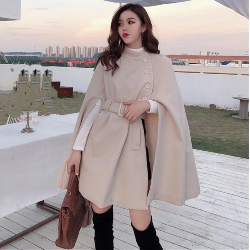 Suofun Wool Cloak Length 2021 Fashion Women Single Breasted Elegant High Quality Creamy White Autumn Korean Style Woolen Coats