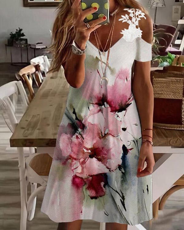 Printed V-Neck Lace Off-the-Shoulder Sexy Dress