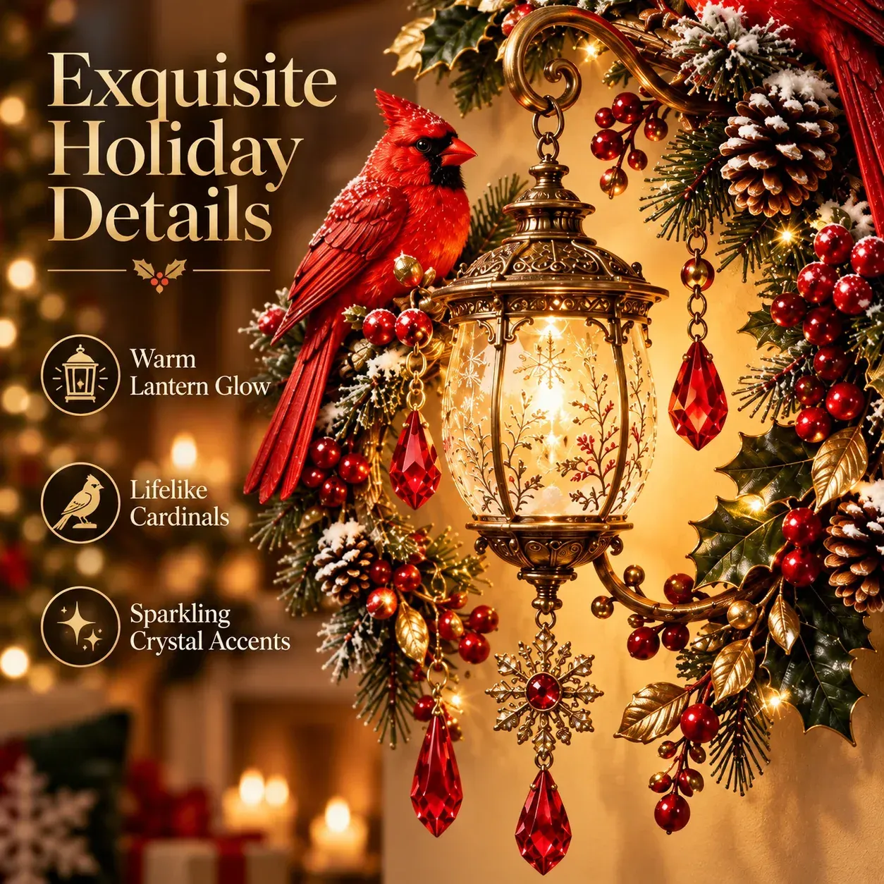 Close-up details of the cardinal lantern Christmas wall light