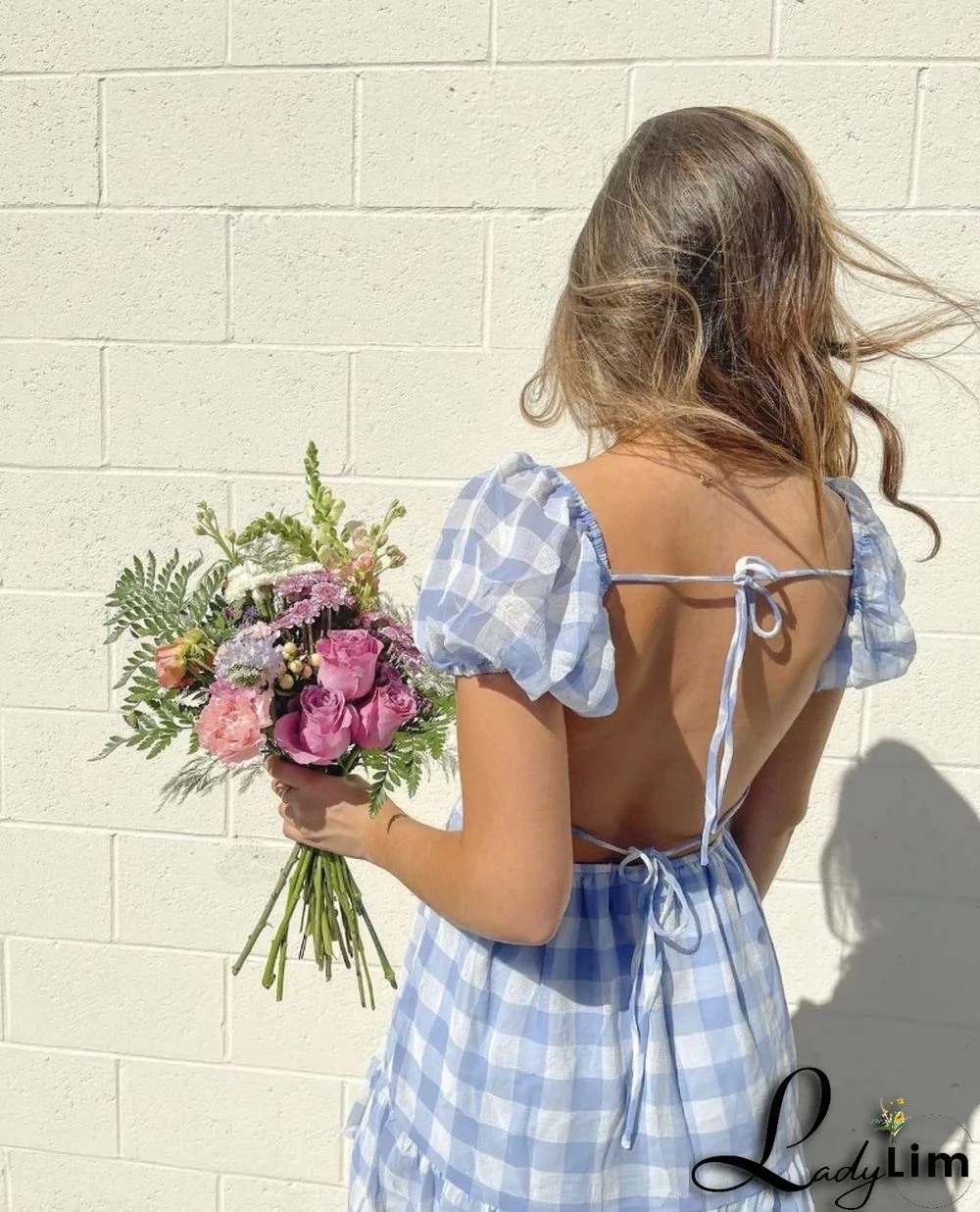 Summer Women's Square Neck Plaid Print Sexy Low Back Ruffle Puff Sleeve Dress