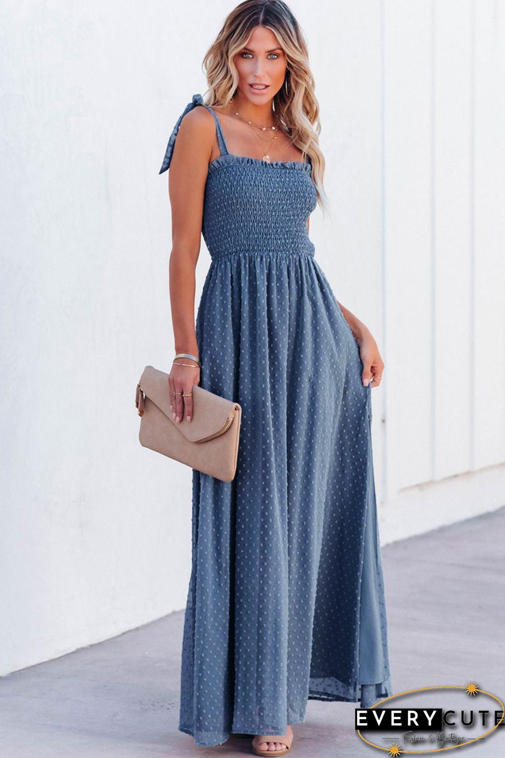 Sky Blue Smocked Swiss Dot Maxi Dress