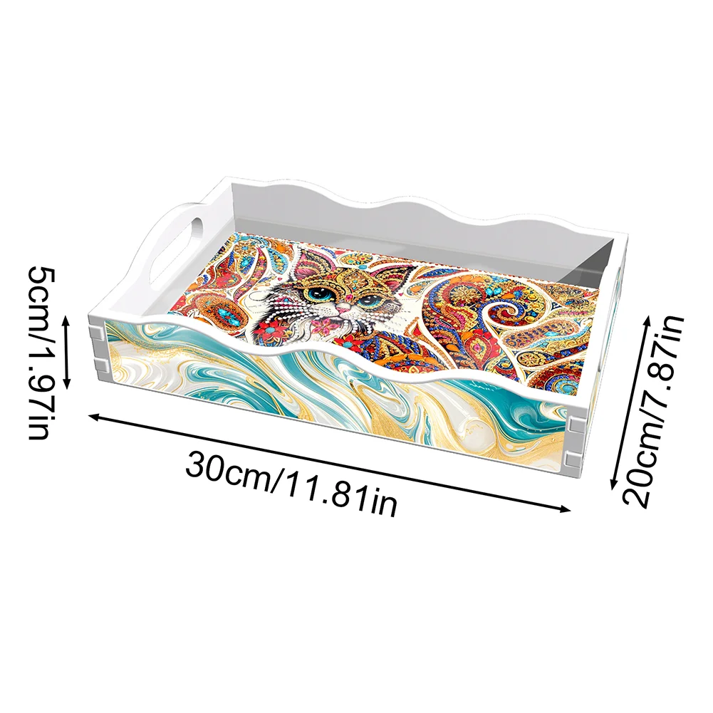 Acrylic Rich Cat DIY Diamond Decorative Serving Tray with Handle for Home Decor
