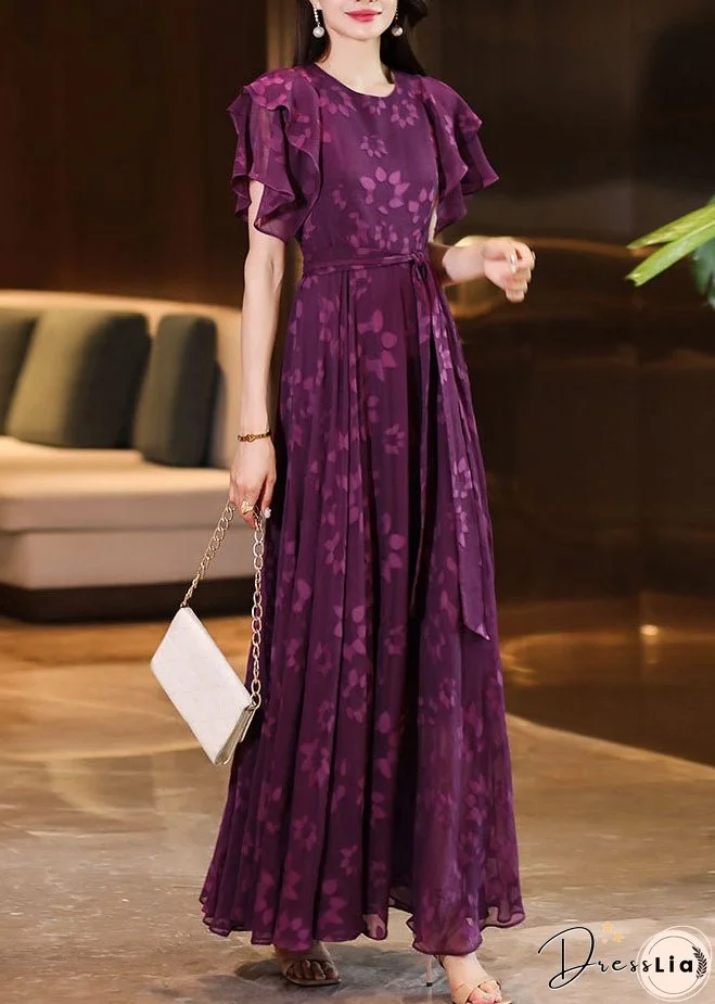Women Purple O-Neck Print Ruffled Wrinkled Chiffon Maxi Dress Short Sleeve