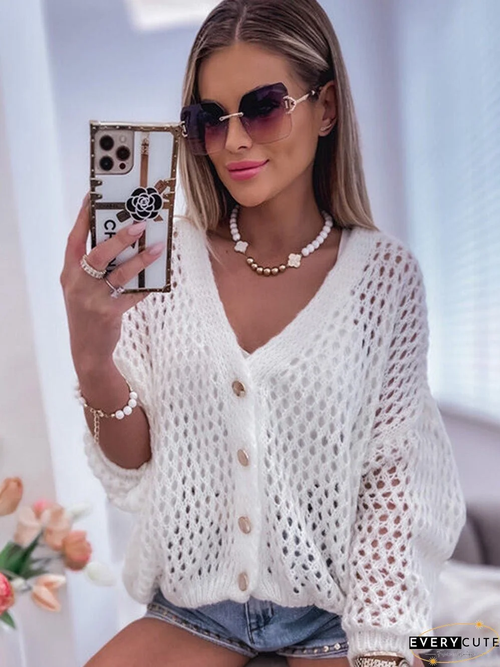 White Crochet Knit V-Neck Button-Up Cardigan