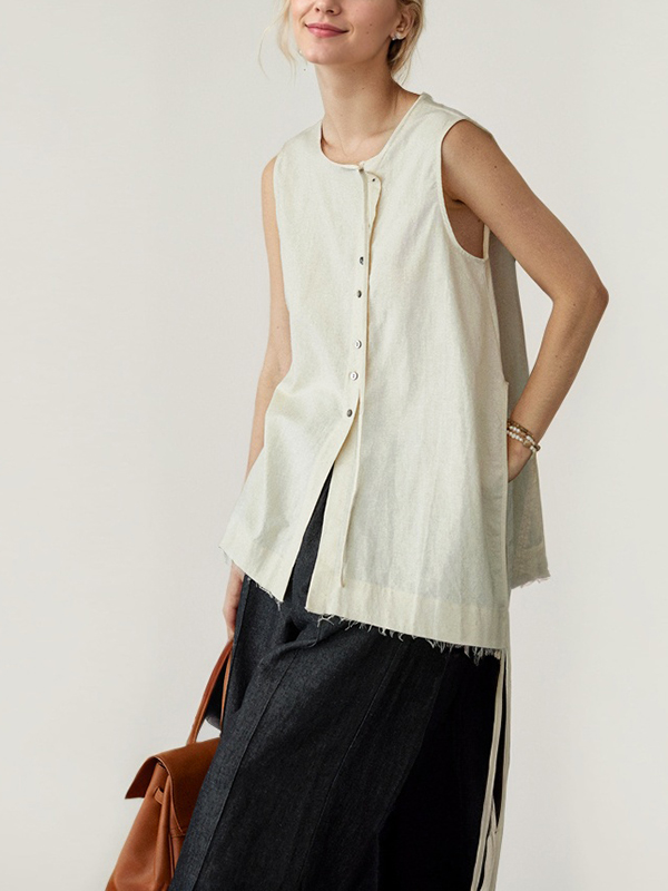 Sleeveless Single Buttons Side Split Cotton Linen Vest Blouses