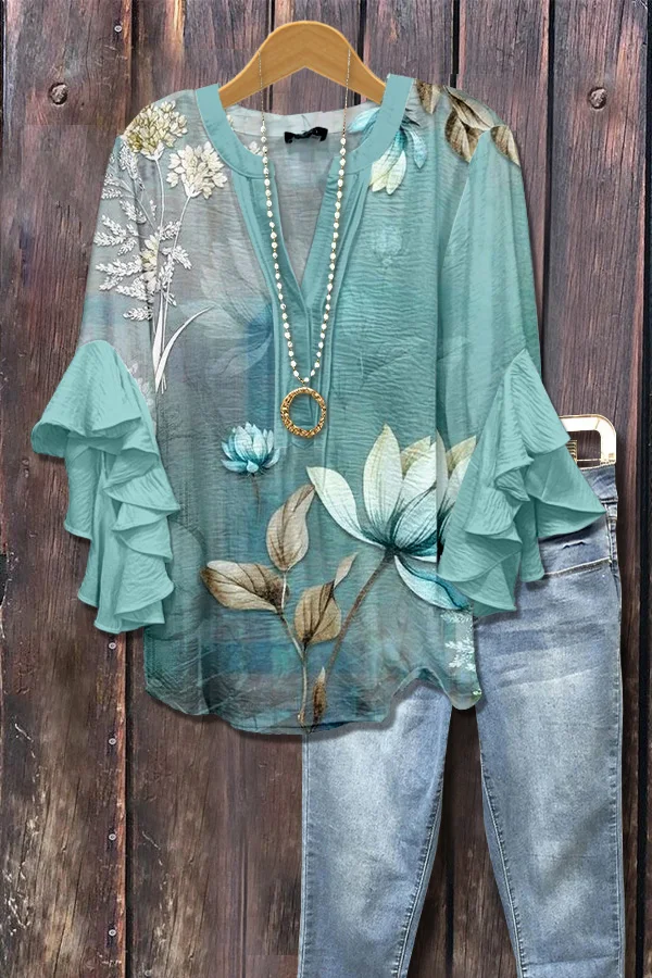 Elegant Floral Print Ruffle Sleeve Top