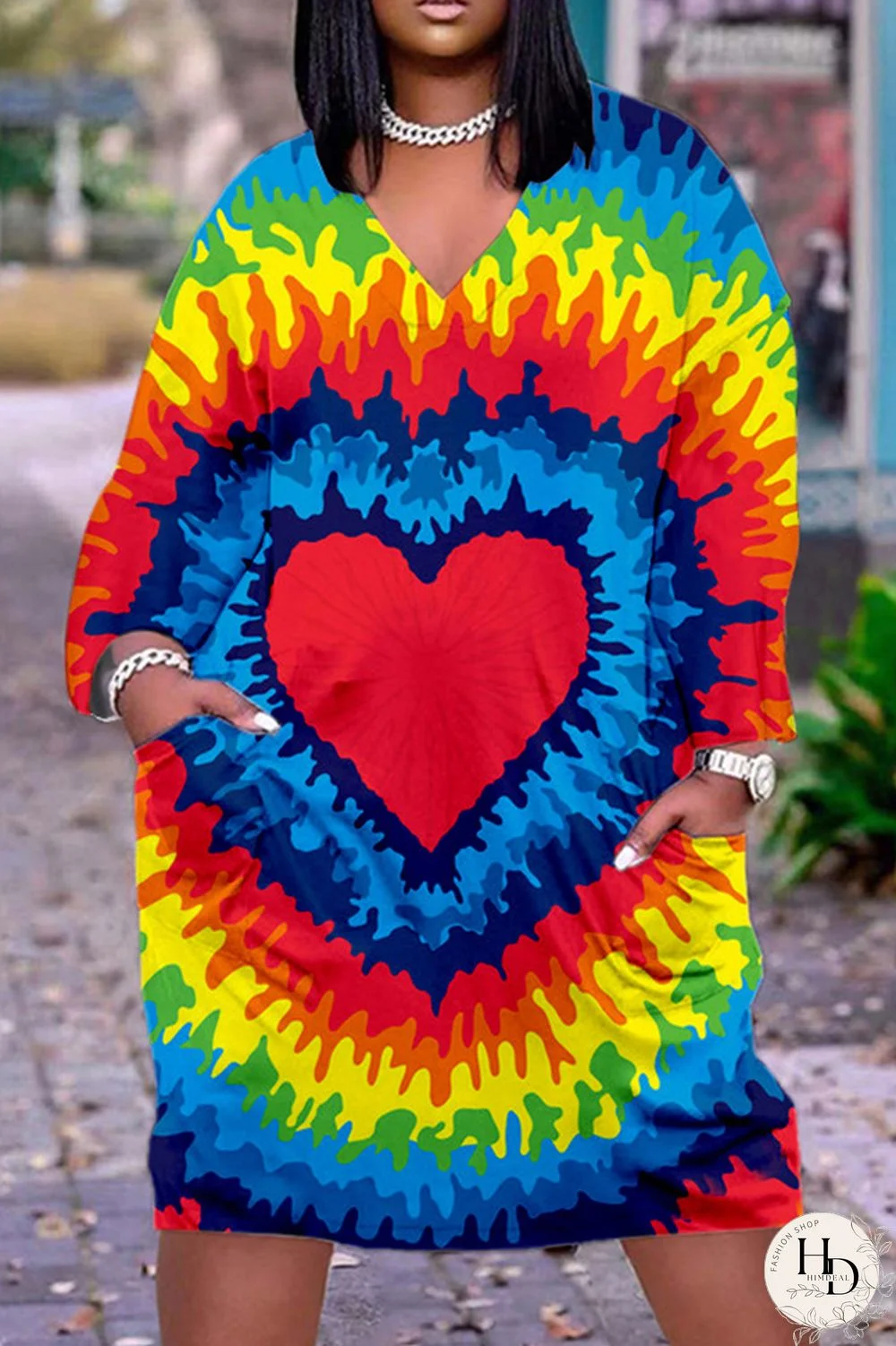 Deep Pink Casual Print Basic V Neck Long Sleeve Dresses