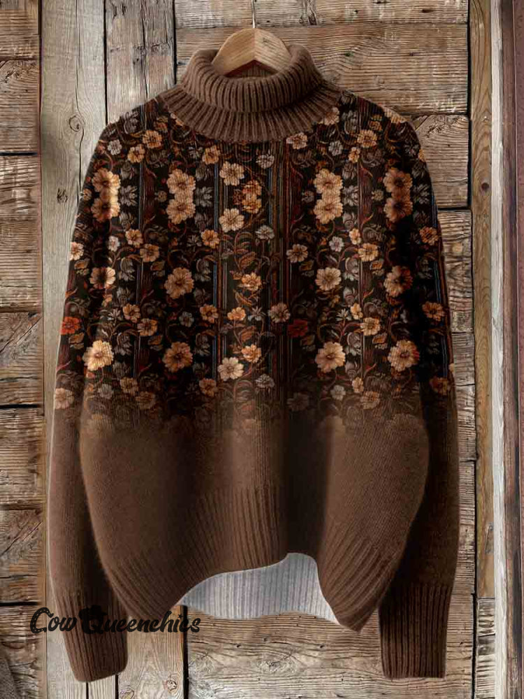 Brown Print Knit Turtleneck Pullover Sweater Multicolor / S