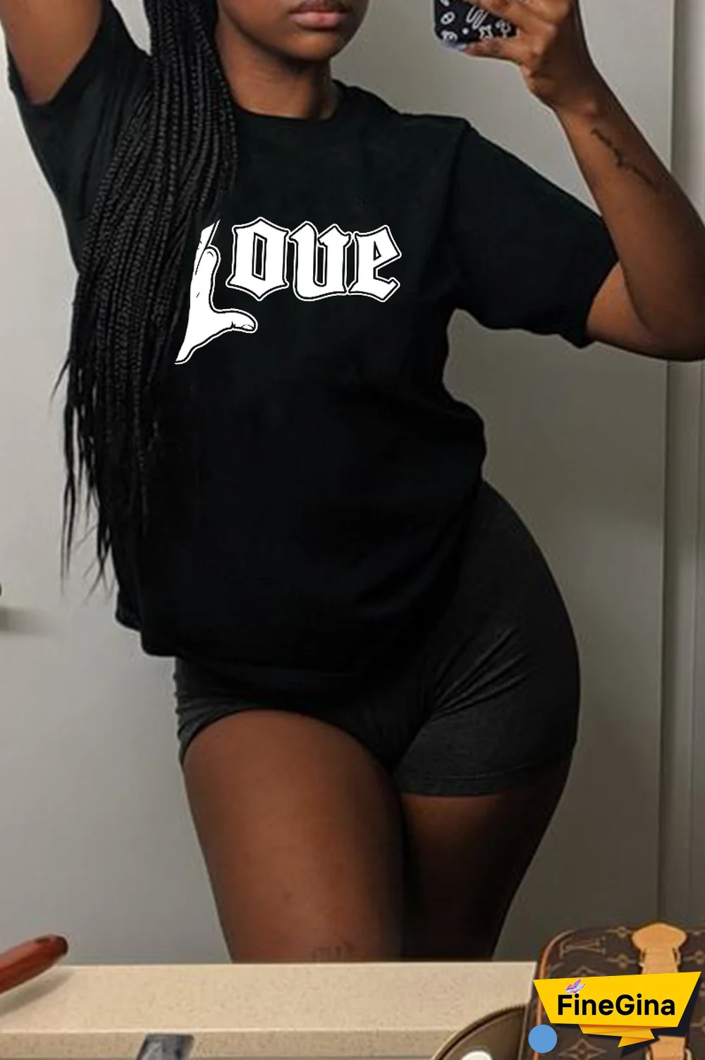 Navy Blue Casual Daily Print Patchwork Letter O Neck T-Shirts