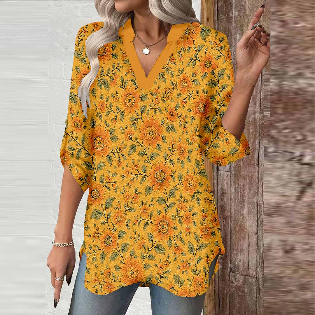 Women Floral,Yellow DZGA0288 3/4 Sleeve V-neck Printed Graphic Button Tops