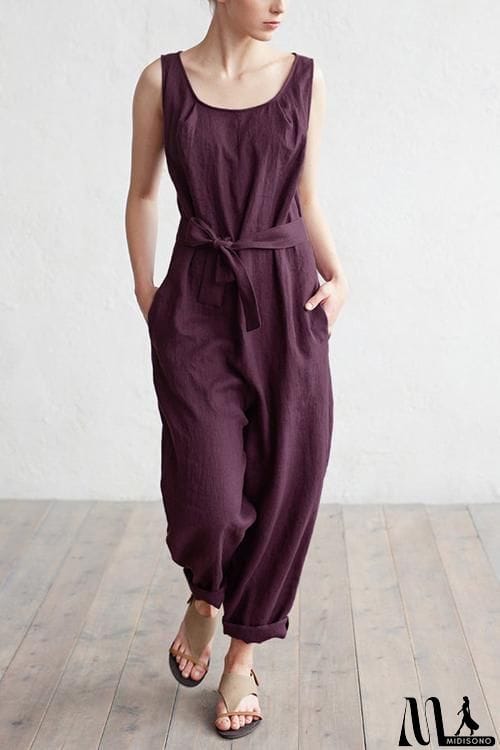 MidiSono - U Neck Sleeveless Belted Jumpsuit