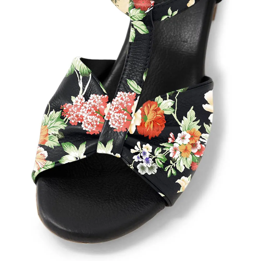 Multicolor Open-Toe Flower Print Low Heel Sandals with T-Strap