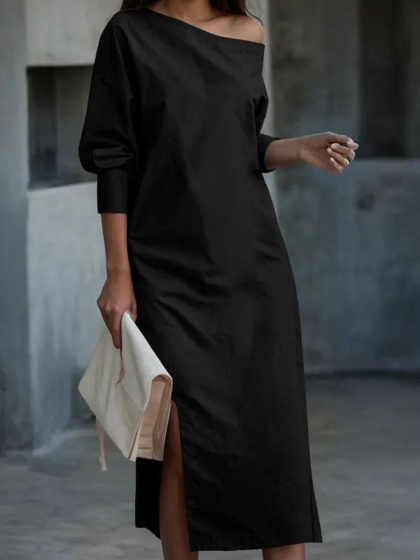Solid Color Split-Side Long Sleeves Loose One-Shoulder Midi Dresses