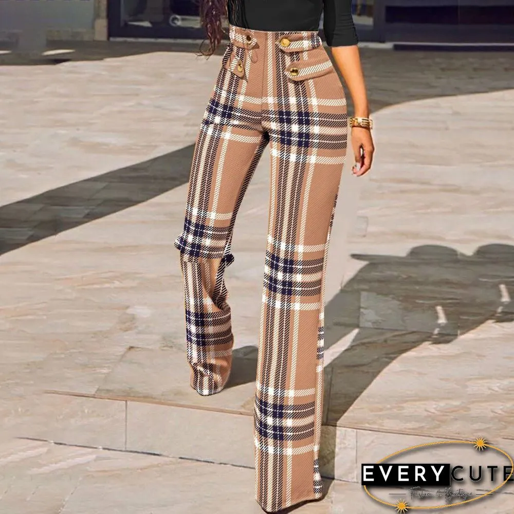 Womens Buttoned High Waist Wide Leg Tailored Pants Spring Casual Ladies Plaid Long Pencil