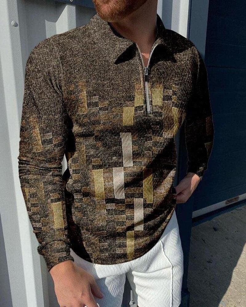 men's casual mosaic printing polo long sleeves