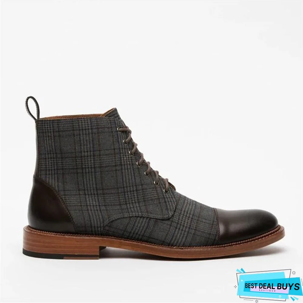Vintage Genuine Leather Plaid Lace Up Boots