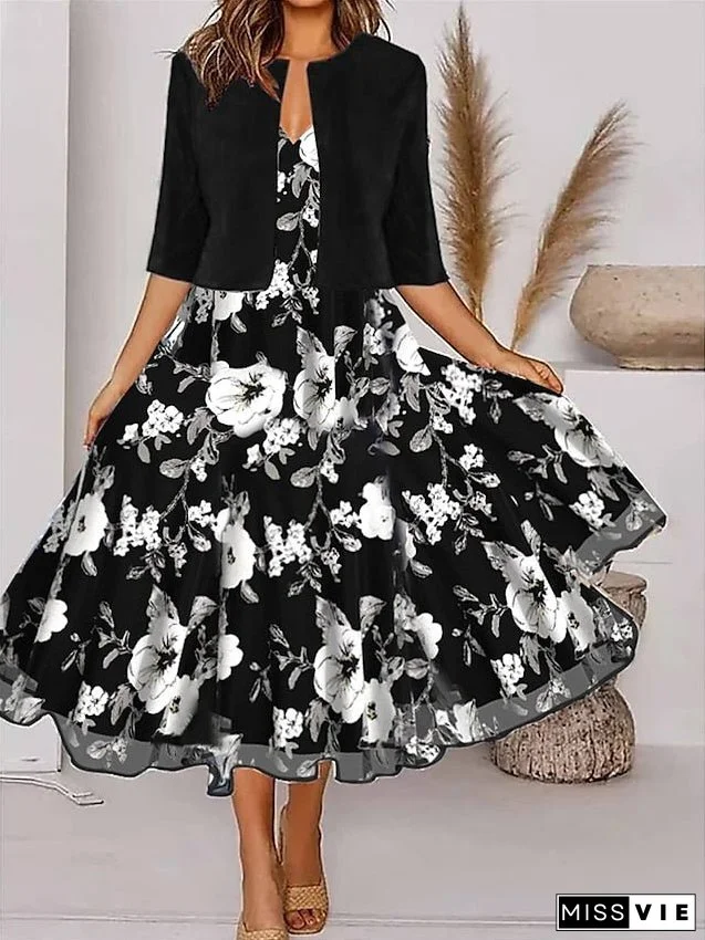 Women's Two Piece Dress Set Casual Dress Chiffon Dress Outdoor Daily Fashion Elegant Print Midi Dress V Neck Half