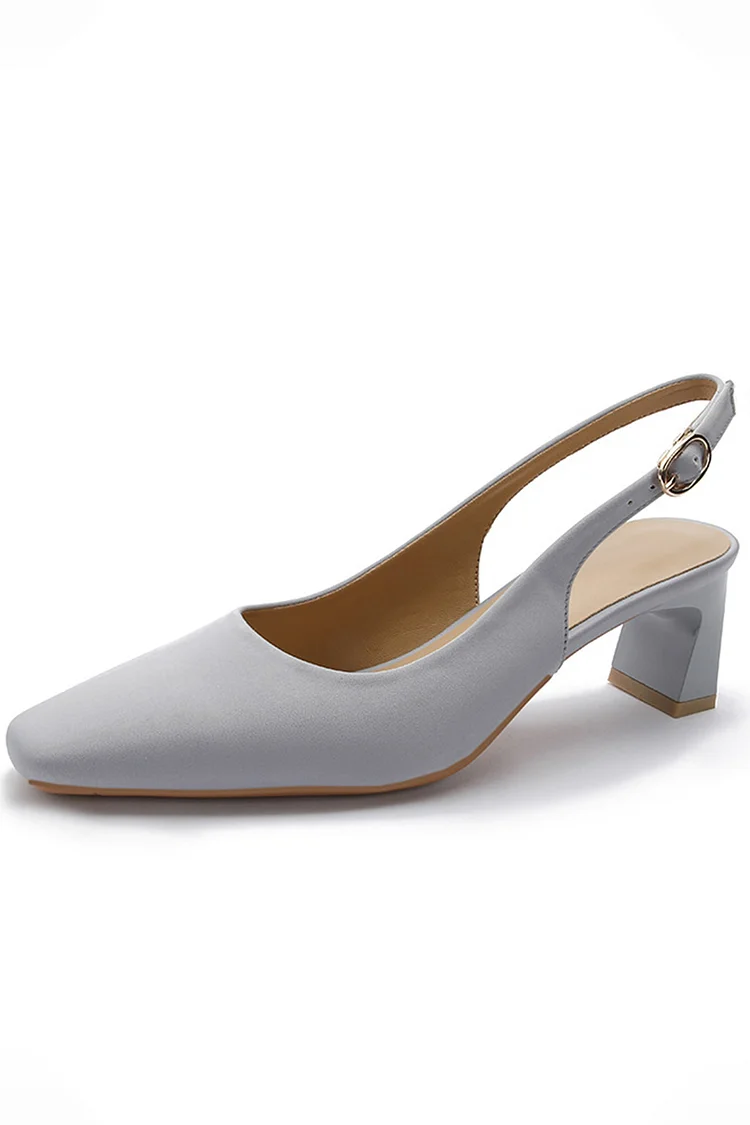 Formal Gray Satin Square Toe Slingback Block Heel Pumps