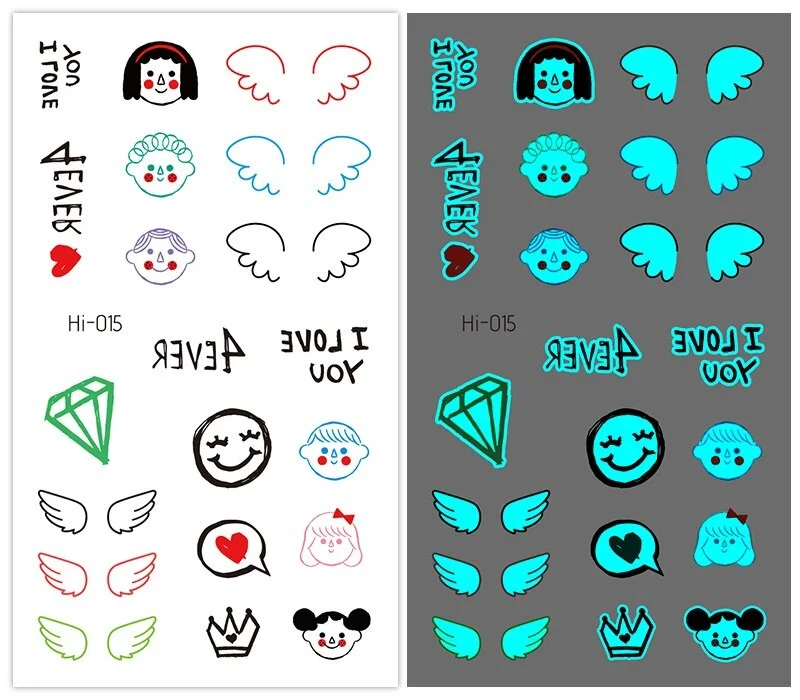 15 kinds Cute Small Blue Light Luminous Temporary Tattoo Face Hand Sticker Party Disposable Noctilucent tatouage temporaire
