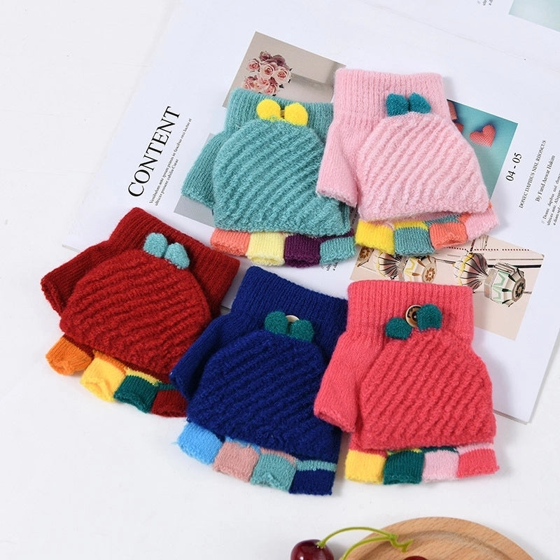 Autumn And Winter Children's Flip Knitted Gloves Half Finger Dual-purpose Boys And Girls Cute Warm Exposed Fingers Children Students