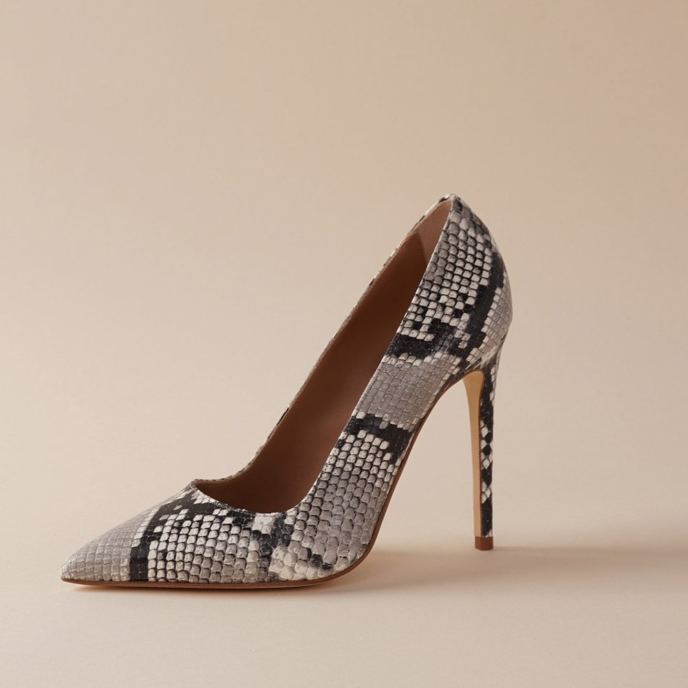 Gray Vegan Leather  Closed Pointed Toe Python Pumps With Stiletto Heels Nicepairs