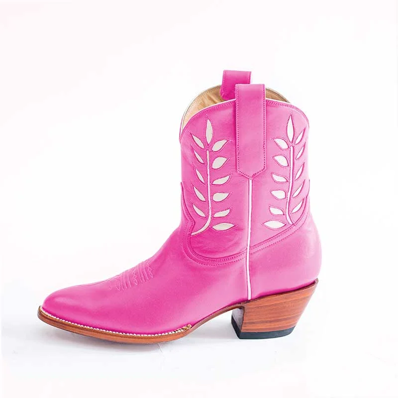 Hot Pink Embroidered Booties Chunky Heel Cowgirl Boots for Women