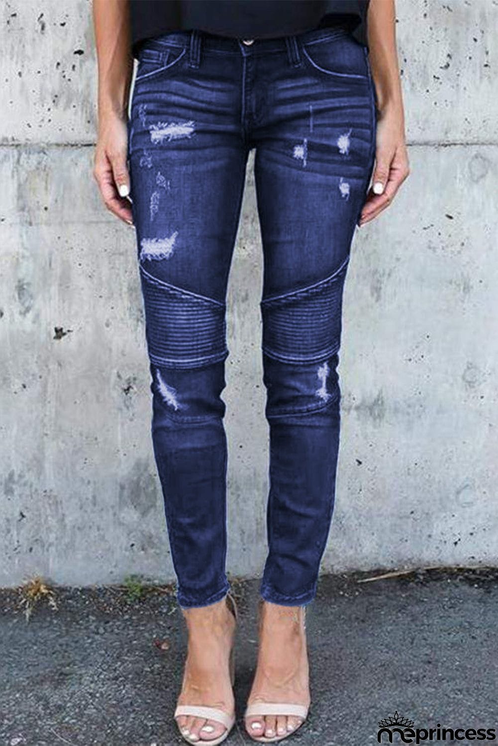 Dark Blue Distressed Patchwork Skinny Jeans