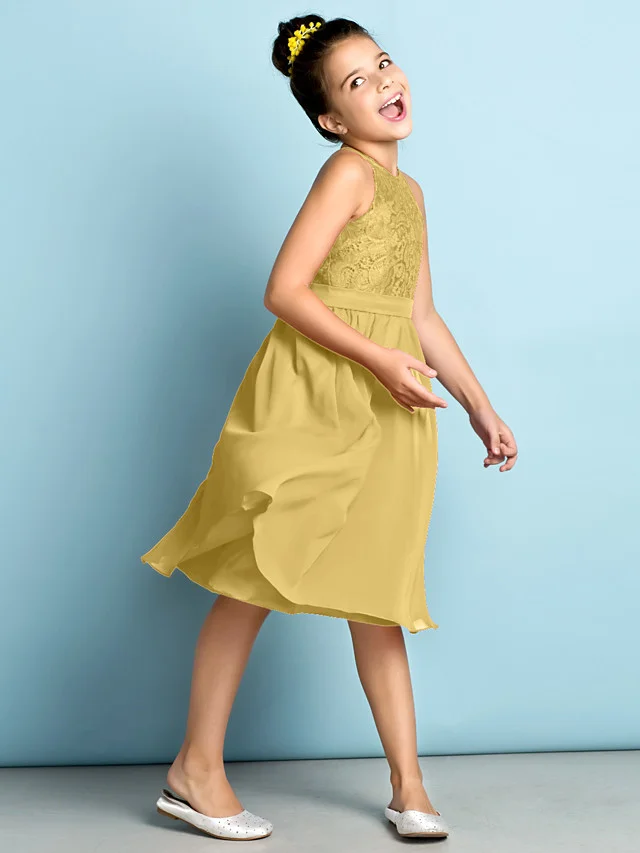 Daisda A-Line Jewel Neck Knee Length  Flower Girl Dress With Lace 