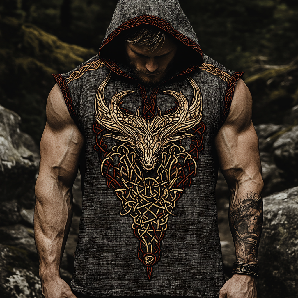 Comstylish Men's Viking Dragon Celtic Art Linen Hooded Vest