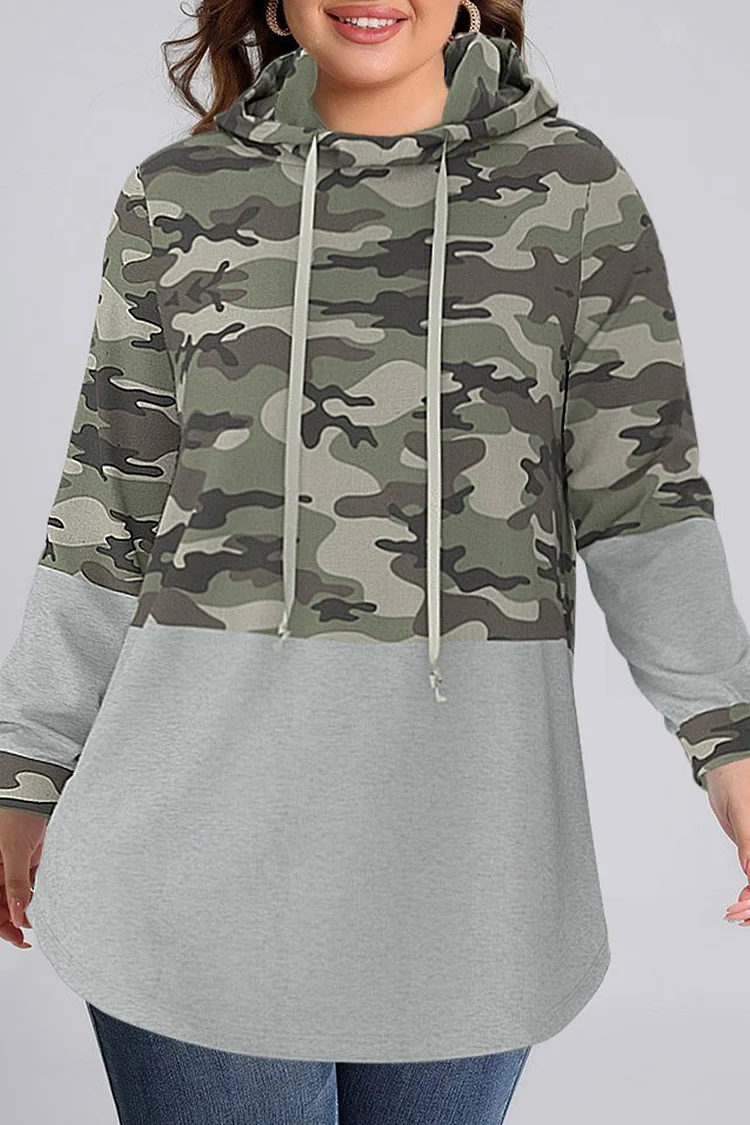 Flycurvy Plus Size Casual Grey Camouflage Stitching Hoodie  Flycurvy [product_label]