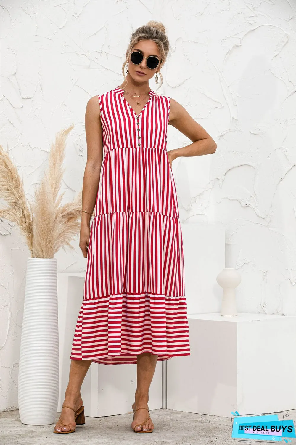 V-Neck Striped Button Stitching Dress