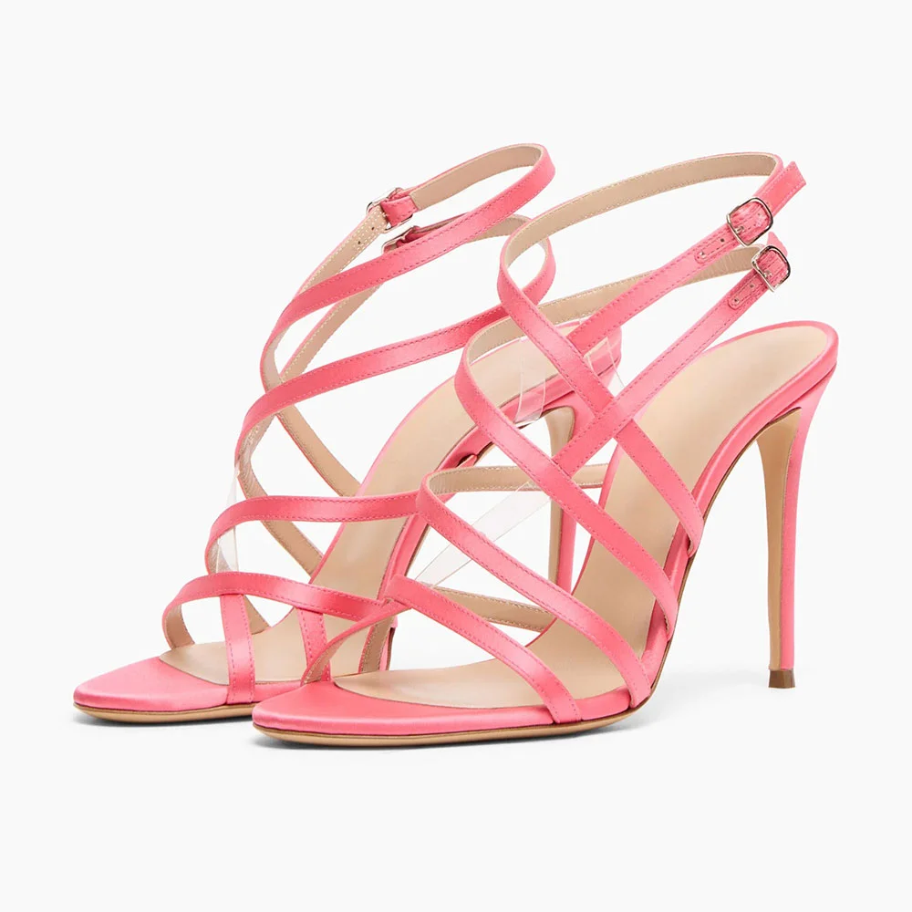 Cute Pink Round Toe Stilettos Strappy High Heel Sandals with Buckle